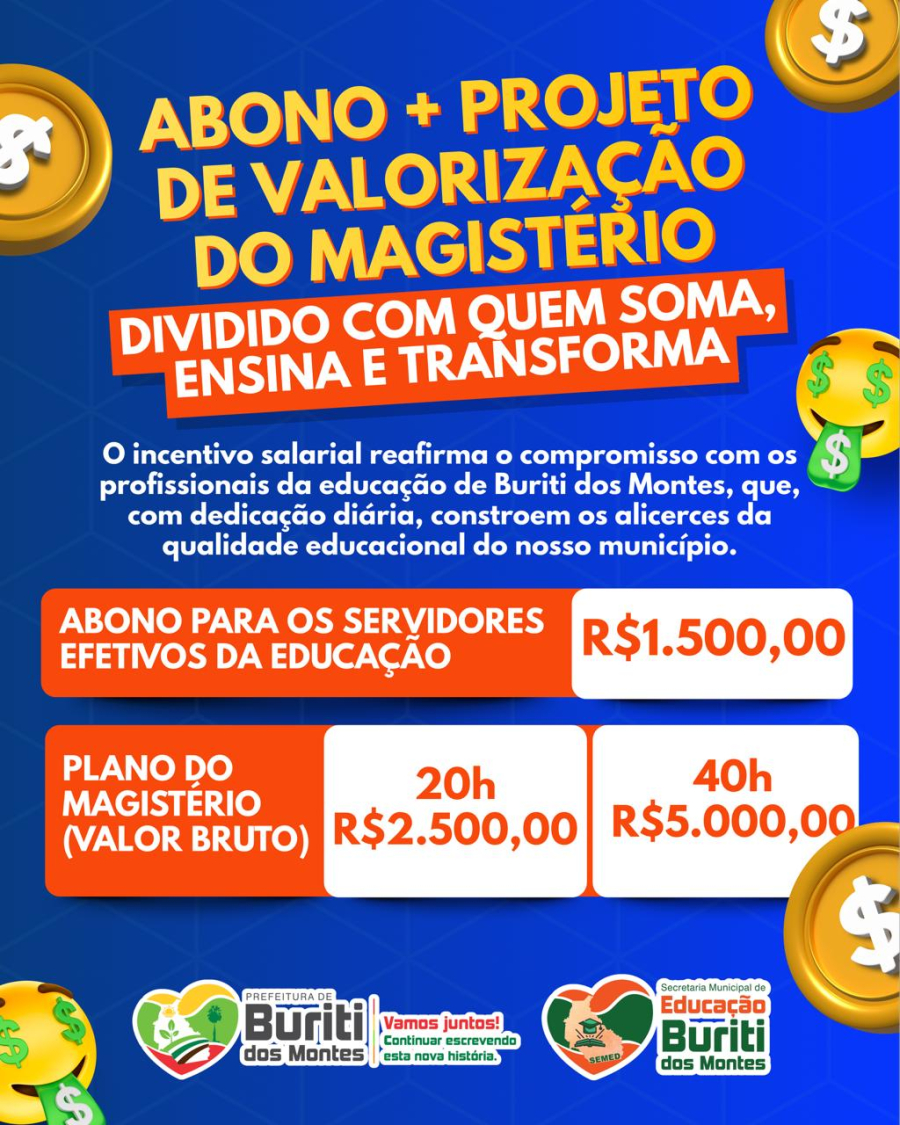 Valorização: Prefeitura de Buriti dos Montes anuncia abono salarial aos profissionais da educação